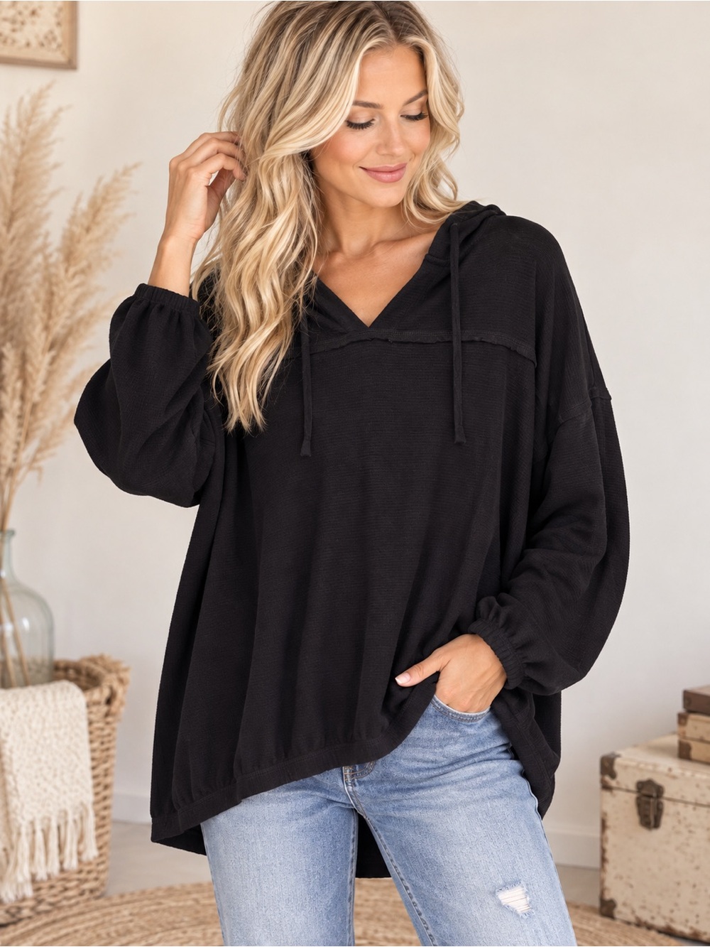 Westbound Black Hooded V-Neck Pullover with Balloon Sleeves